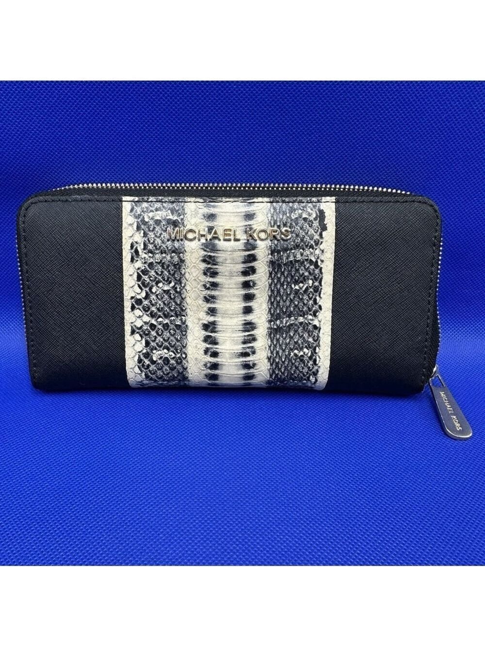 Michael Kors Jet Set Wallet Black With Snakeskin Print Center Stripe Calfskin L